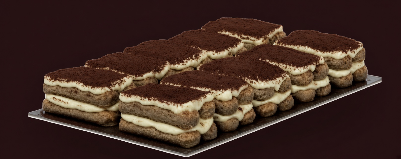 Bakke med ti færdigskårne stykker tiramisu